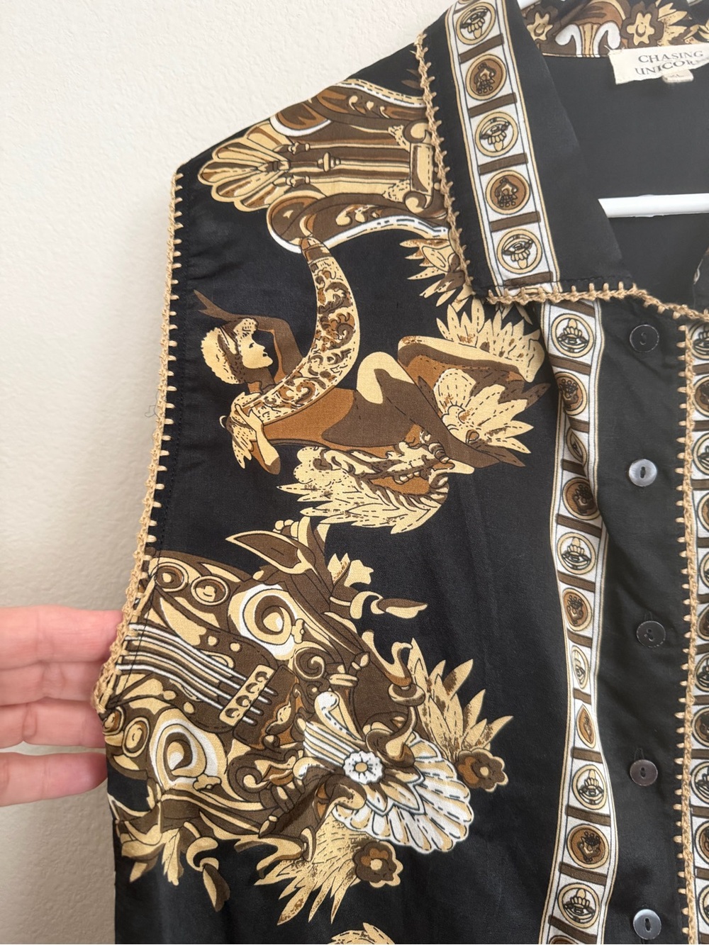 Chasing Unicorns Black and Gold Baroque Button-Up Blouse S/M - Picture 8 of 11